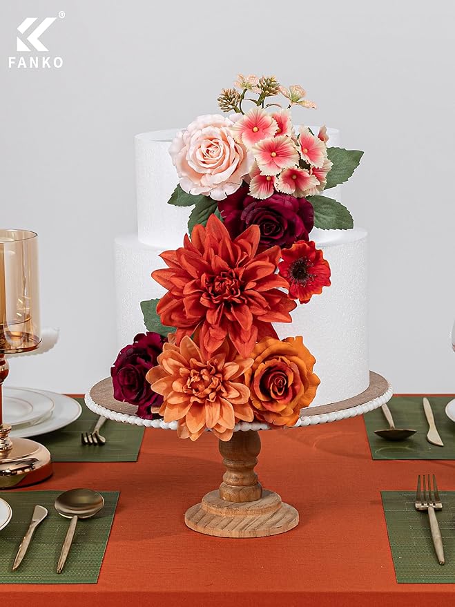 FANKO Artificial Flowers Red Rose, Mixed Fake Silk Flowers Combo Gradient Orange & Champagne Rose Burnt Orange Dahlia Chrysanthemum Vintage for DIY Wedding Bridal Bouquets, Home Decor