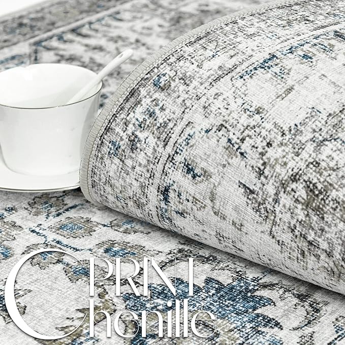 jinchan Kalen Runner Rug 3x8 Washable Hallway Rug Vintage Indoor Thin Retro Floor Cover Distressed Floral Country Lightweight Non Slip Carpet for Entryway Bathroom Bedroom Living Room Stairway Blue