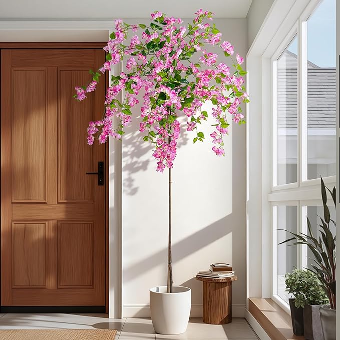 7.2FT Artificial Bougainvillea Tree Artificial Tree Tall Potted Fake Bougainvillea Trees for Outdoor Indoor Lifelike Potted Faux Plants with Wood Trunk and Flowers Office Wedding Home Decor