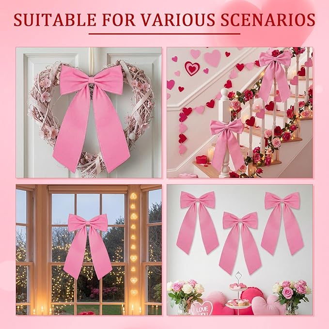 Riceshoot 2 Pcs 10 x 16 Inch Large Bows Valentine's Day Tree Decorations Velvet Ribbon Tree Topper Velvet Wreath Bows with Wired Edge for Valentines Home Fireplace Indoor Outdoor Decor (Pink)
