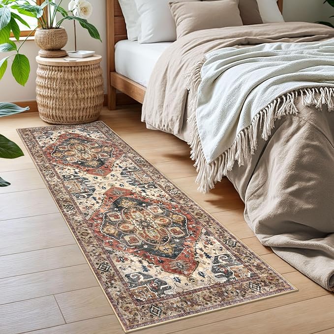 2x6 Washable Runner Rug for Hallways, Terracotta Soft Floor Vintage Kitchen Rugs with Non-Slip, Non-Shedding Boho Rug for Bedroom Kitchen Porch Laundry Entryway