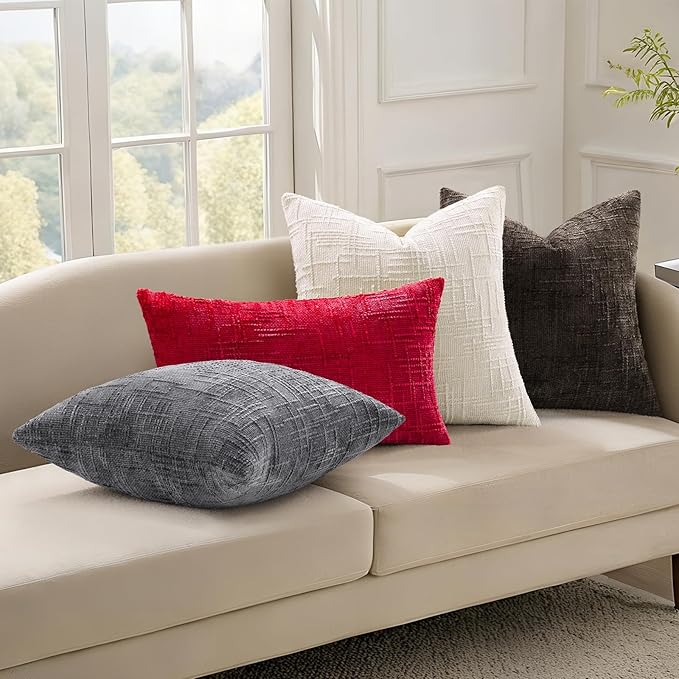 decorUhome Christmas Red Chenille Throw Pillow Covers 12x20 Set of 2 Thick Textured Slubby Couch Pillow Covers Farmhouse Accent Modern Neutral Decorative Pillow Cases for Bed Sofa Living Room