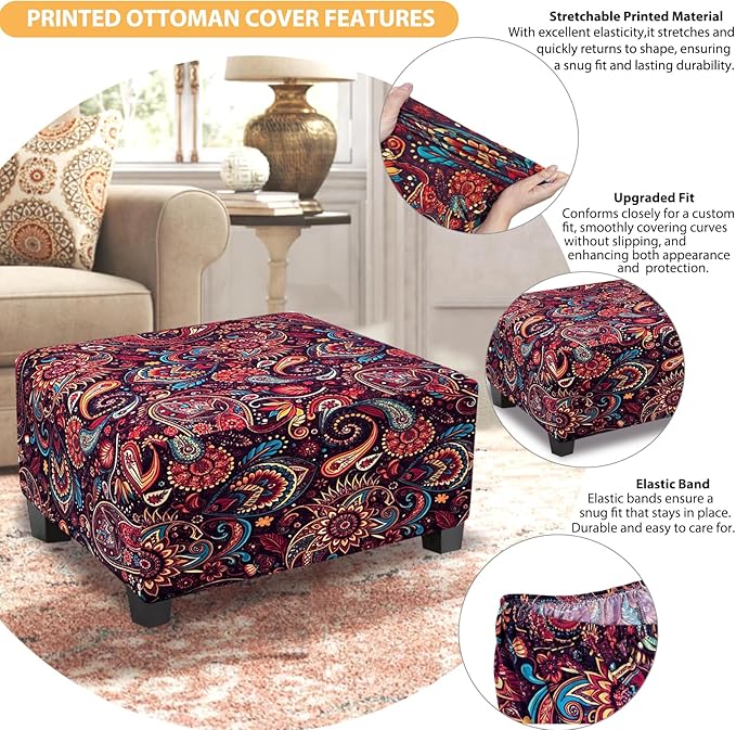 Ottoman Cover Rectangle Printed,Stretch Slipcover for Rectangular Footstool,Soft Fabric with Non-Slip Elastic Bottom,Decorative Furniture Protector for Living Room,Large,Flower E