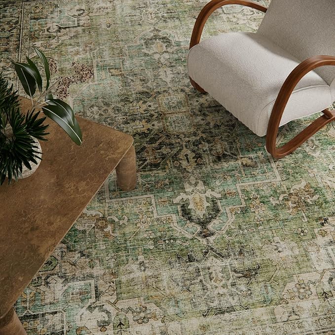 10x12 Area Rug Washable Rugs: Large Living Room Rug Stain Resistant Non Slip Distressed Vintage Low Pile Faux Wool Soft Green Rugs for Bedroom Farmhouse Dining Room Kids Playroom Nursery