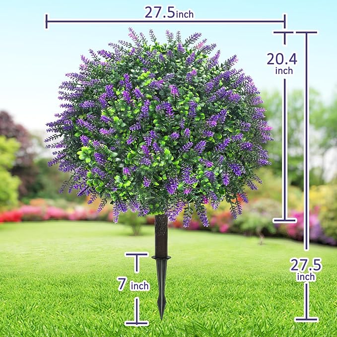 Artificial Lavender Topiary Ball Trees, 2 Set of 20’’ Artificial Shrub Bushes with Ground Spike,UV Resistant Faux Greenery Shrubs,Fake Evergreen Boxwood Plants for Garden, Yard, Porch, Patio Decor