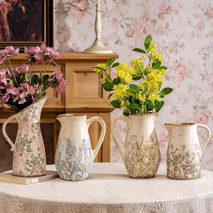 Vintage Blue and Beige Floral Ceramic Vase with Handle, Retro Ice Glazed Crack Farmhouse Pitcher Vase for Home Decor, Living Room, Shelf, Office, French Country Decorative Flower Vase 8.7 Inch