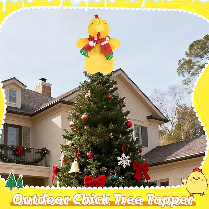 Eyourlife 12 in Chicken Christmas Tree Topper,Cute with Red Scarf Plush Stuffed Yellow Chicken Tree Top, Winter Farm Chicken Tree Toppers Decor for Xmas Party Home Indoor/Outdoor Tree Tops Decoration
