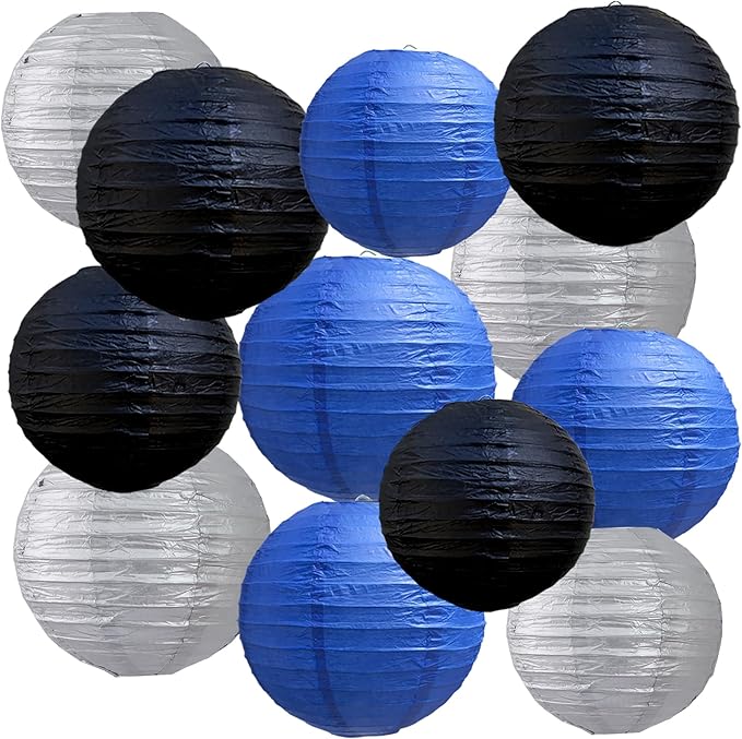 BEISHIDA Blue Black Silver Round Paper Lanterns Decorative Hanging Asia Chinese Japanese Paper Lanterns Lamp for Birthday Graduation Baby Shower Wedding Home Decor Outdoor Party Decoration(12Packs)