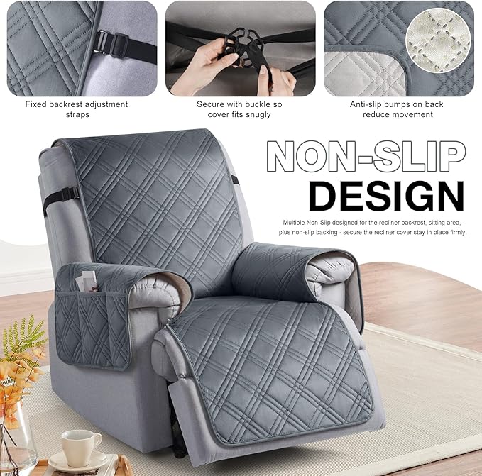 TAOCOCO 100% Waterproof Recliner Chair Cover, Recliner Covers for Recliner Chair with Pocket, Non Slip Reclining Chair Cover Furniture Protector for Kids, Pets(30'', Dark GreyVelvet)