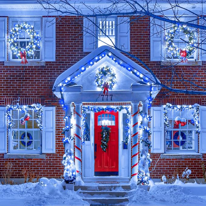 Vivideal 300 LED Christmas Lights Outdoor, 100ft Christmas String Lights 8 Modes Plug in Waterproof Fairy Lights with Timer Memory for Indoor Outside Bedroom Home Party Decoration, Blue&White
