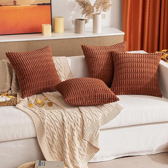 MIULEE Pack of 4 Fall Dark Rust Corduroy Decorative Throw Pillow Covers 18x18 Inch Soft Boho Striped Pillow Covers Modern Farmhouse Home Decor for Sofa Living Room Couch Bed