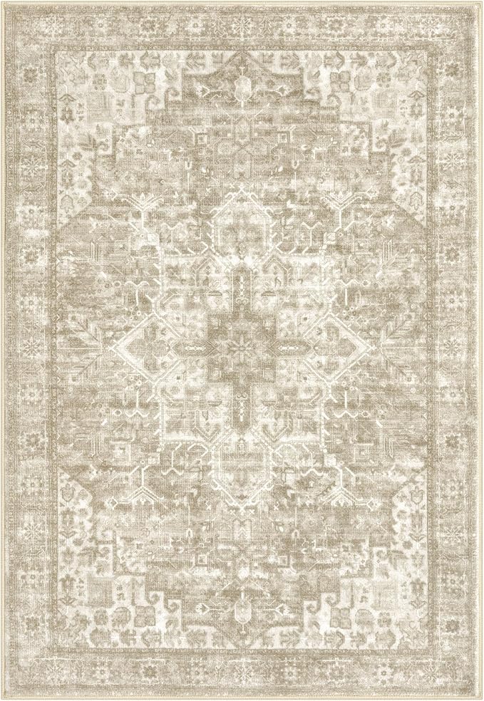 2x3 Washable Printed Rug for Entryway, Light Beige Grey Brown Boho Low-Pile Area Rug Soft Non-Slip Indoor Door Mat, Vintage Kitchen Rug, Oriental Small Floor Carpet for Bedside Entrance