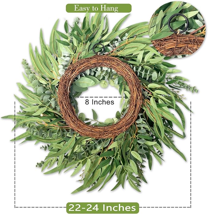 22 Inch Eucalyptus Wreaths for Front Door Year Round, Large Green Artificial Farmhouse Wreath for Home Decorations Outdoo Indoor Wall Window Porch