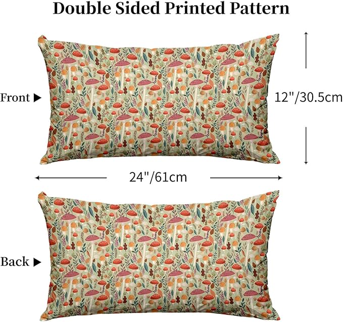 Boho Pillow Protectors with Zipper Standard Size Fun Mushroom Botanical Print Pillow Covers Set of 2 Rustic Nature Plant Bed Pillowcases Spring Colorful Floral Bed Pillow Covers 24"X12"