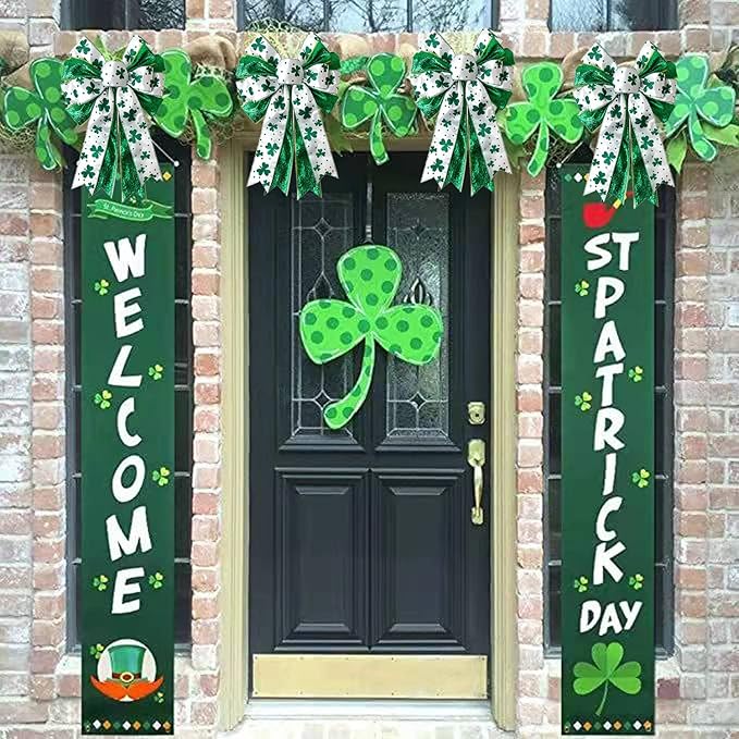 St Patricks Day Bow for Wreath Decorations,11.4 * 19.6in Large White Green Glitter Shamrock Bowknot Irish Holiday Crafts Bows for Tree Topper Front Door Outdoor Outside