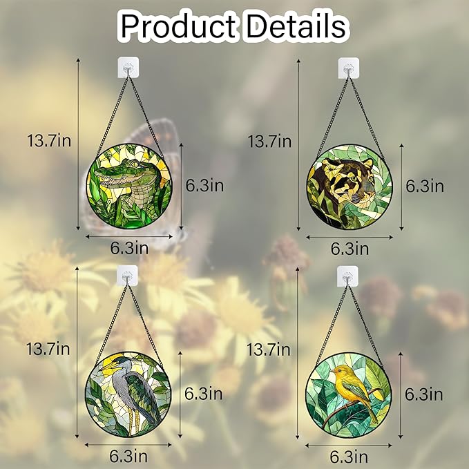 Stained Glass Window Hanging 4 Pcs Set Green Plants Animals Theme 6.3" - Bird Tiger Suncatcher Door Garden Sun Catcher Decor Birthday for Mom Woman Nana Men Friend