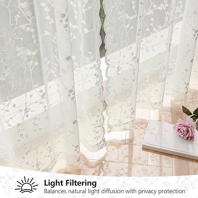 Ivory Lace Sheer Curtains – Vintage Branches Pattern Lace for Bedroom/Kitchen, Rustic Privacy Light Filtering Rod Pocket Drapes, Delicate Chic Window Treatments, 52W x 54L Inch, 2-Panel