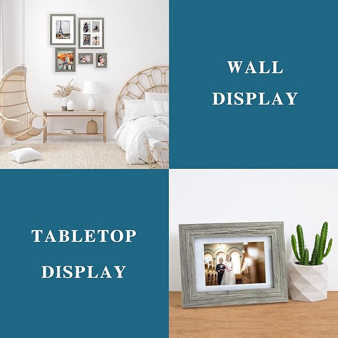 8x10 Picture Frame Set of 2, Grey Photo Frame of Rustic Style, Multi 8 by 10 Photo Frame for Wall or Tabletop Display - 5x7 Frame with Mat or 8x10 Without Mat