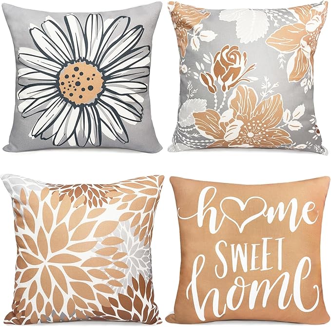 Decorative Throw Pillow Covers Set of 4 Coffee Pillow Covers 18x18 inch Fall Throw Pillow Cover Linen Square Pillowcases Cushion Cover,Boho Pillow Covers for Couch Sofa Farmhouse Home