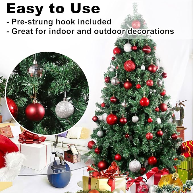 GameXcel 24Pcs Christmas Balls Ornaments for Xmas Tree - Shatterproof Christmas Tree Decorations Medium Hanging Ball Silver & Red 2.5 Inch x 24 Pack