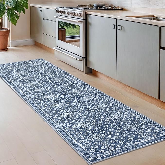 Vintage Washable 2x8 Runner Rug Non Slip, Denim Blue White Hallway Runner Rug, Super Soft Kitchen Runner Rug, Printed Faux Wool Thin Carpet Runner for Entryway Indoor Laundry Room Bedroom