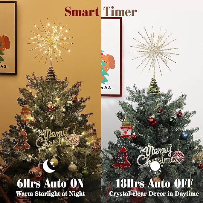 Lewondr Christmas Snowflake Tree Topper, 12.2 in 30 LED Xmas Tree Topper with Glittered Epoxy, Remote & USB Powered Snowflake Treetop, Xmas Home Decor for Party, 6H Timer & 8 Modes, Warm Light, Gold