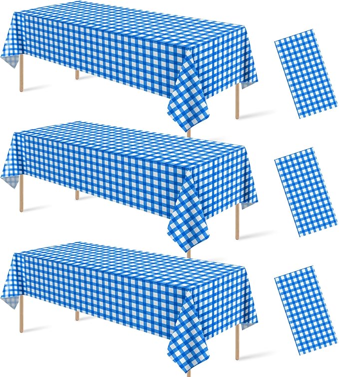 3Pcs Blue and White Gingham Tablecloth Decorations, Disposable Plastic Blue Checkered Tablecloth Buffalo Plaid Table Cover for Baby Shower Bridal Wedding Birthday Party Supplies,54 x 108 Inch