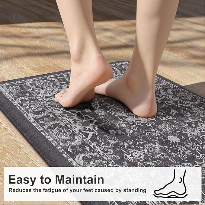 KIMODE Comfort Kitchen Mats for Floor Cushioned Anti Fatigue 2 Piece,Boho Floral Kitchen Rugs Non Slip,Waterproof Memory Foam Kitchen Mat Carpet for Laundry Office Home,Dark Grey 17"x29.5"+17" x47”