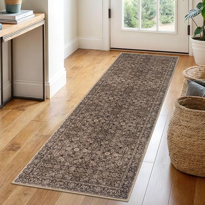 2x6 Washable Runner Rug for Hallways, Rust Reddish Brown Soft Neutral Vintage Kitchen Rugs with Non-Slip, Non-Shedding Distressed Floral Rug for Bedroom Kitchen Porch Laundry Entryway
