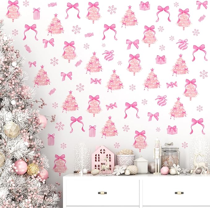 Pink Christmas Wall Stickers Xmas Tree Wall Decals Peel and Stick Bow Sticker for Walls Decoration Indoor Bowtie Decals for Crafts Snowflakes Coquette Art Murals for Girls Bedroom Living Room Decor