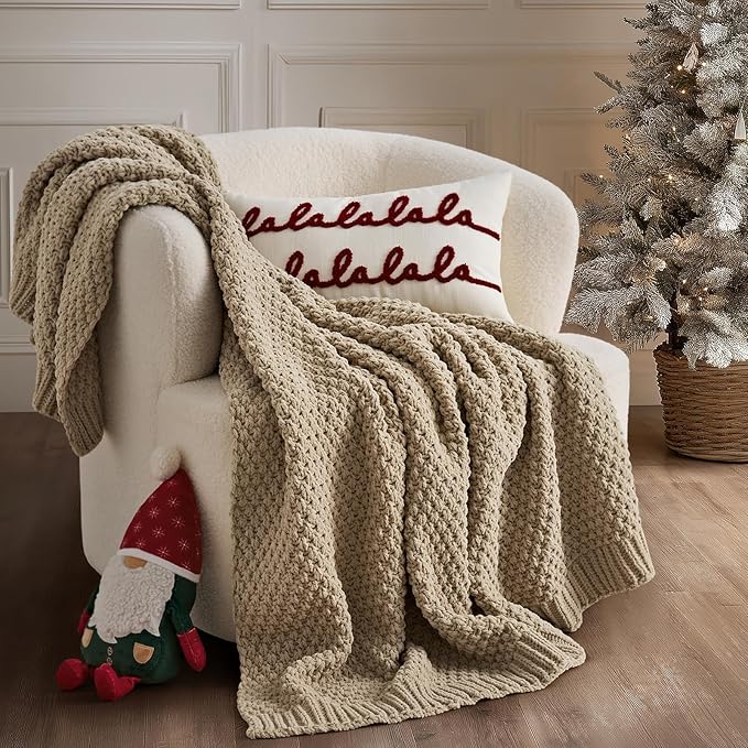 EVERGRACEHOME Chunky Chenille Knit Throw Blanket for Couch, Soft Luxurious Moss Stitch Blankets for Bed, Cozy Decorative Farmhouse Knitted Throws for Sofa, Sand Dune, 60" x 80"