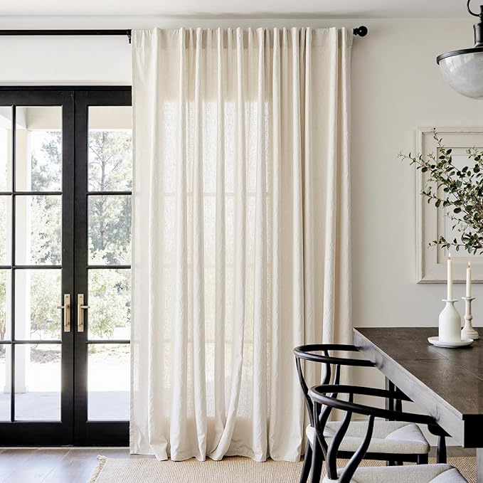 jinchan Beige Linen Blend Curtain 96 Inches Length 1 Panel for Sliding Door, Light Filtering 100 Inches Extra Wide Farmhouse Natural Drape with Rod Pocket Back Tab (100W x 96L, Ecru)