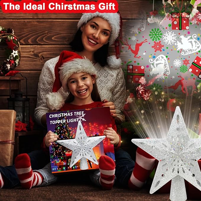 10" Christmas Tree Topper Projector with 6 Projection Modes, Built-in LED Rotating Light, 3D Glitter Dynamic Projector Light Up Xmas Tree Topper Star for Christmas Holiday Party Decorations Gifts