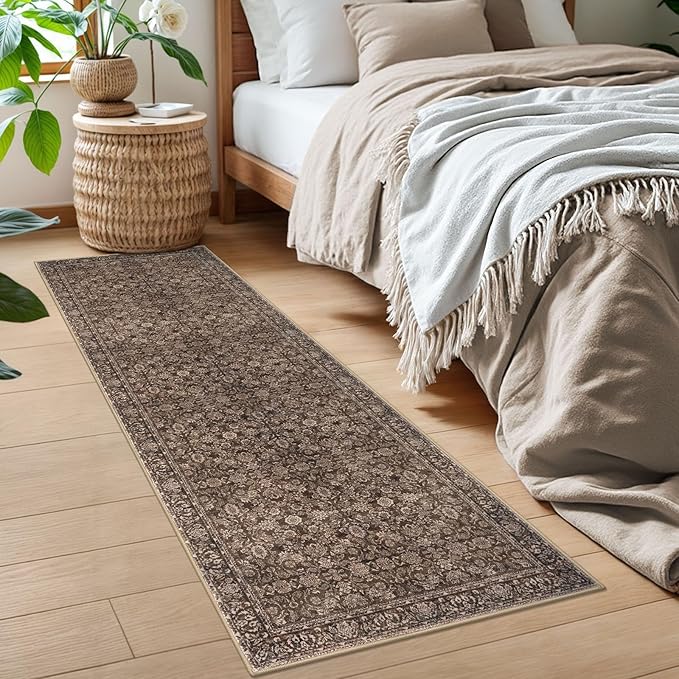 2x6 Washable Runner Rug for Hallways, Rust Reddish Brown Soft Neutral Vintage Kitchen Rugs with Non-Slip, Non-Shedding Distressed Floral Rug for Bedroom Kitchen Porch Laundry Entryway