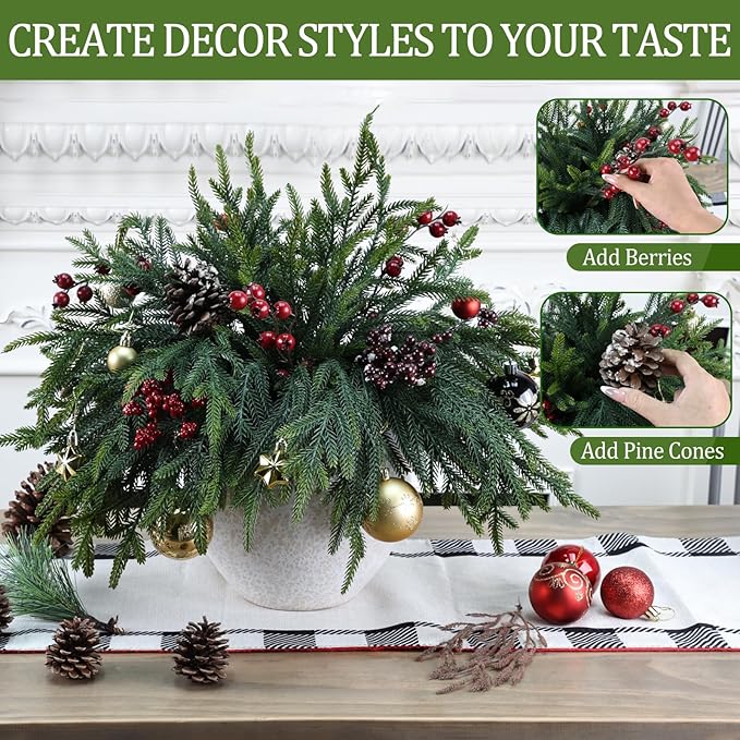 100 Pcs Pine Branches - Real Touch Artificial Pine Stems - Christmas Greenery Picks for DIY Wreaths Garlands Vase Arrangements, Indoor Outdoor Christmas Decor