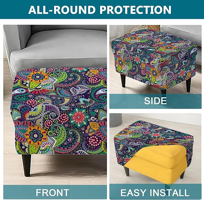 KRFOONN Stretch Ottoman Cover Slipcovers Rectangle Fit Length 39"-47" Footrest Stool Covers Printed Ottoman Cover for Foot Stool Furniture Protector with Non Slip Elastic Bottom, Color 07