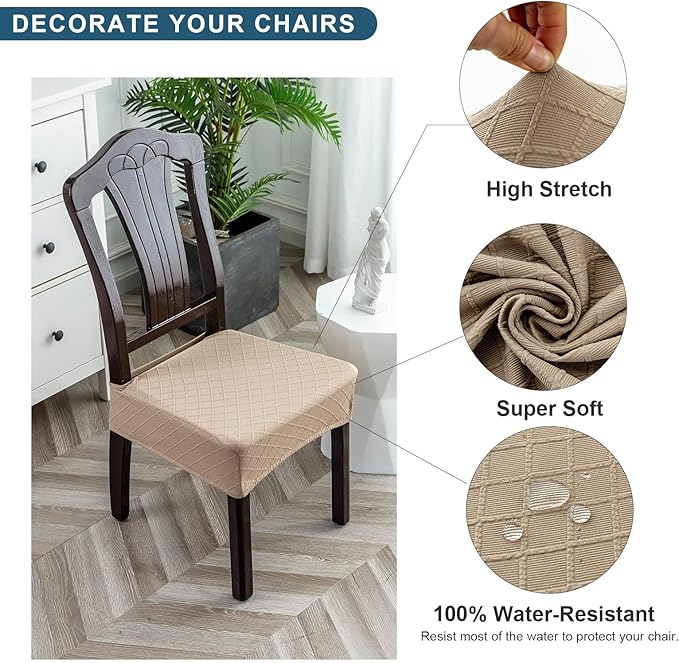 Genina Waterproof Seat Covers for Chairs,Set of 2 Dining Room Chair Seat Covers for Kitchen,Stretch Jacquard Removable Washable Dining Chair Slipcovers Protectors with Rear Covers, Khaki