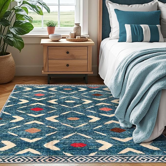 KILOCOCO Area Rug 4'x6' Entryway Rug Washable Bedroom Rug Non Slip Printed Boho Rubber Backed Low-Pile Soft Rugs for Kitchen Living Room Dining Geometric Moroccan Carpet, Teal/Blue