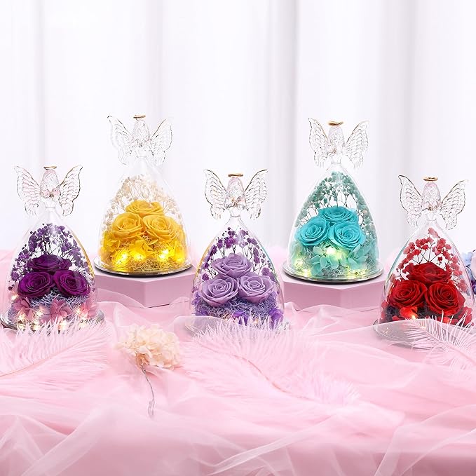 Christmas Rose Gifts for Women Preserved Real Flower in Glass Angel Figurines Roses for Delivery Prime Birthday Gifts for Mom Grandma Girlfriend Wife Her - Tify Blue