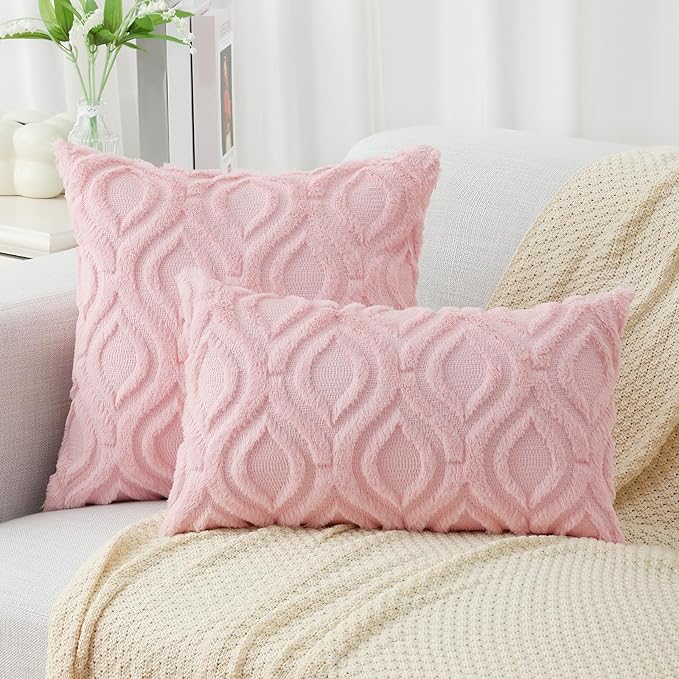 decorUhome Throw Pillow Covers 18x18 Inch Set of 2, Soft Plush Faux Wool Light Pink Solid Couch Pillow Covers, Accent Farmhouse Neutral Square Pillow Cases for Sofa Bed Living Room