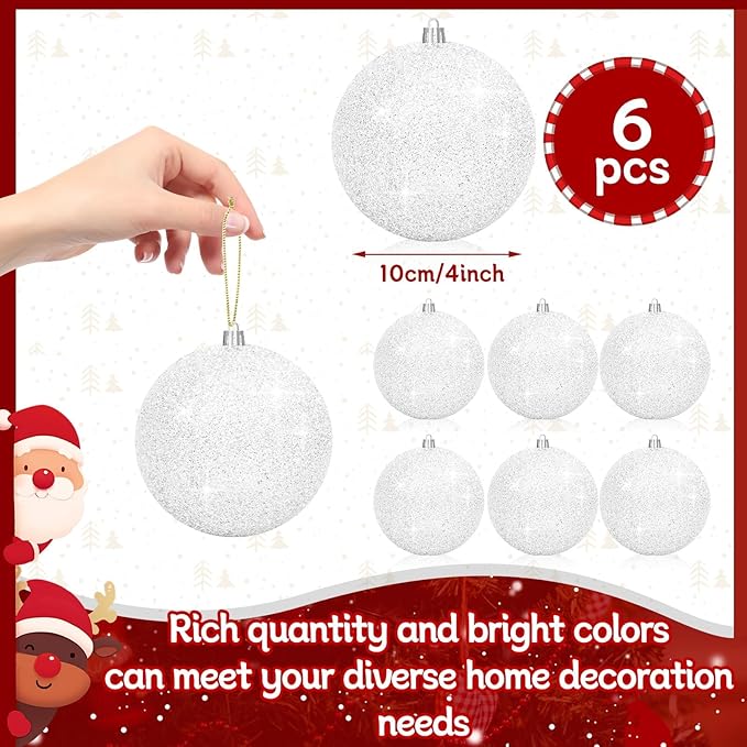 6Pack 4inch Large Christmas Balls Christmas Tree Decoration Ornaments Shatterproof Glitter Christmas Hanging Balls for Christmas Tree Party Indoor Outdoor Decoration (White, 4inch-6pcs)
