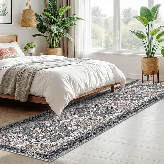 KOZYFLY Long Runners for Hallways 2x10 Ft Washable Kitchen Runner Rug Boho Style Entryway Rug Indoor Printed Faux Wool Stair Runner Carpet for Stairs Bedroom Kitchen Hall, Black/Taupe/Beige