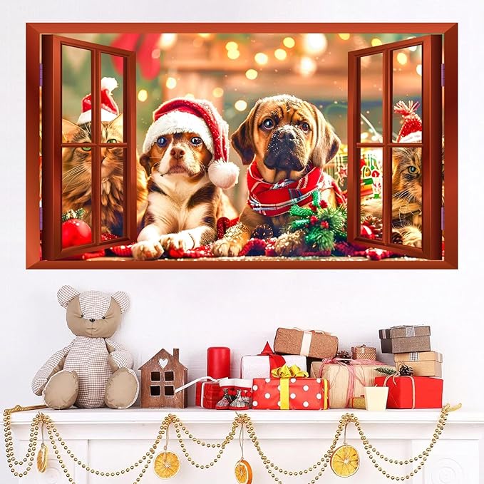 Christmas Dog Wall Stickers Decor 3D Fake Window Wall Decal Mural Christmas Cat Xmas Puppy Dog Decals Holiday Wall Sticker Animal Fake Window Wall Stickers Party Decorations