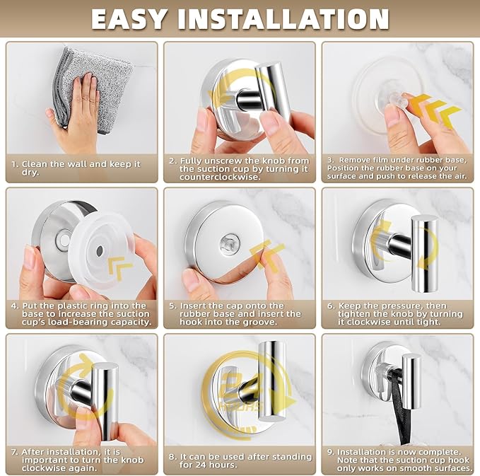 Suction Cup Hooks for Shower - Bathroom Reusable Hooks for Towels, Robes & Loofah - No-Drill Mounting on Kitchen,Walls,Metal,Glass,Mirrors,Tile & Smooth Non-Porous Surfaces (2, Chrome Polished)