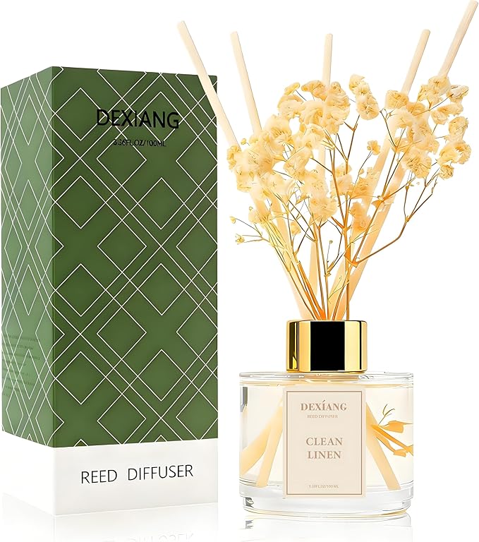 Reed Diffuser Set - 3.38 fl Oz Clean Linen Scent Aromatherapy Oil with Preserved Baby's Breath & Cotton Sticks | Home Fragrance for Bedroom, Bathroom, Living Room | Gift Ready Decor
