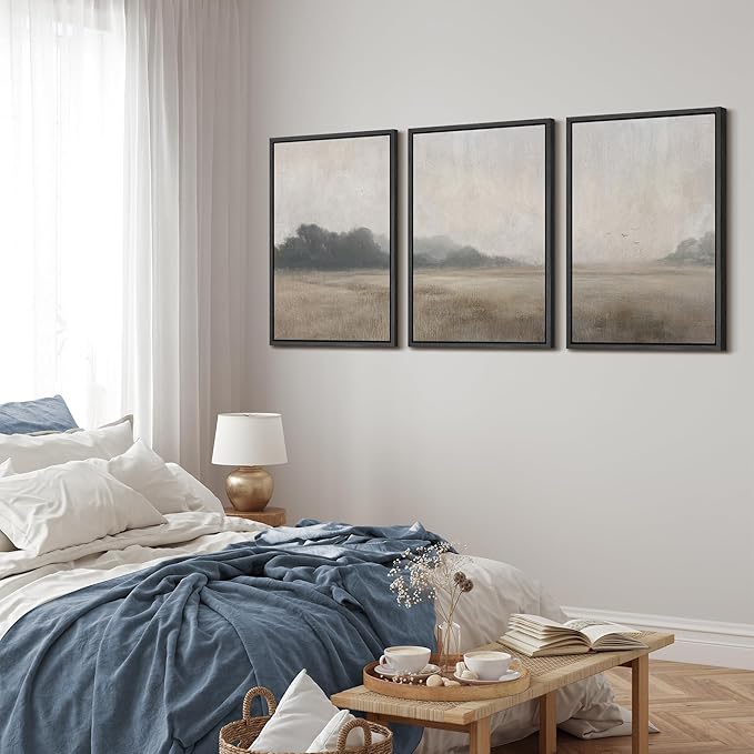 MUDECOR Framed Wall Art Print Set Serene MeadowTranquil Landscape with Foggy Fields and Distant Trees Illustrations Realism Decorative for Living Room, Bedroom, Office - 16"x24"x3 Black