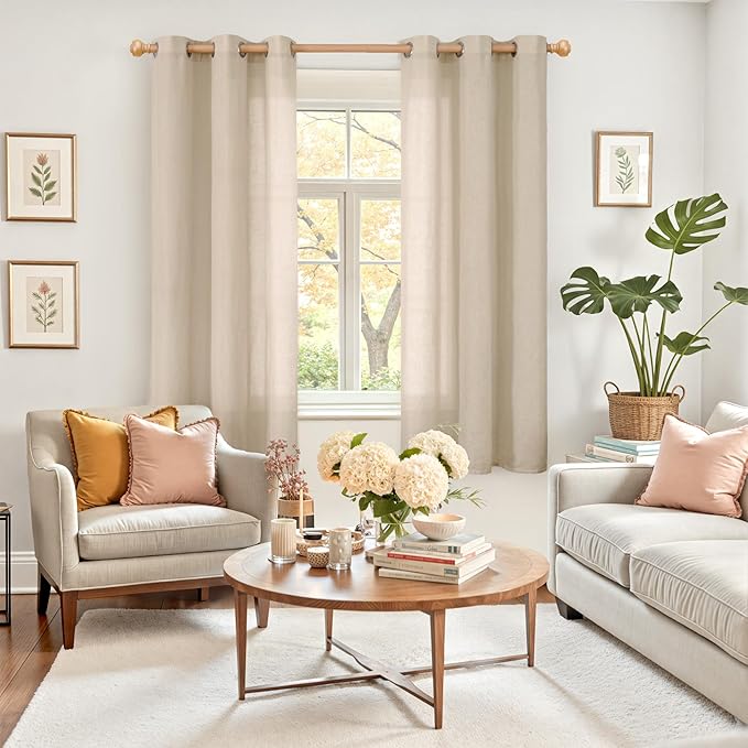 YoungsTex Short Linen Sheer Curtains 63 Inch Length for Window Natural Textured Drapes Light Filtering for Bedroom Living Room Lightweight Grommet, Light Tan, 2 Panels, 42 X 63 Inch