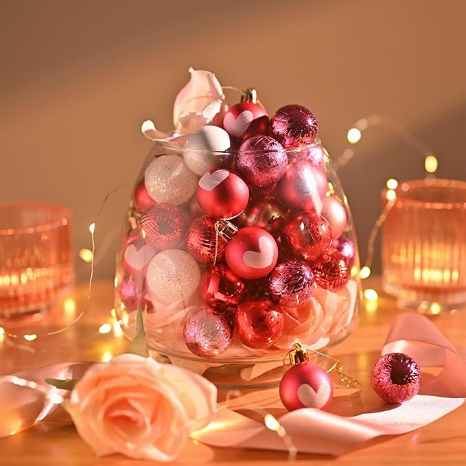 DecorbyHannah Mini Valentines Day Christmas Tree Ornaments Decorations, 49ct 1.18Inch Small Pink Red Heart Ornaments for Tree, Shatterproof Hanging Valentine's Day Decor for Wedding Anniversary Party