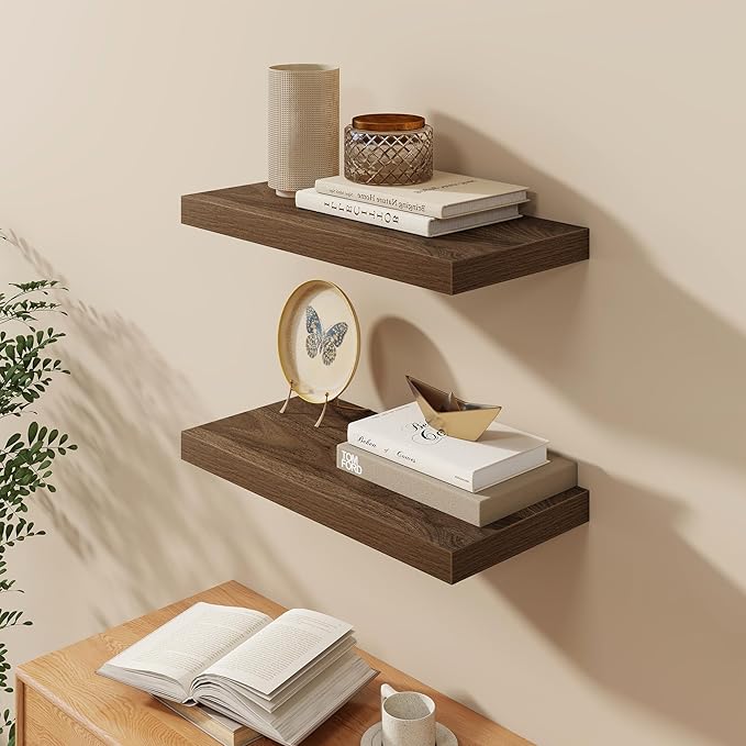 Fun Memories Floating Shelves 24 Inch Long, 9.3 Inch Deep Floating Shelf for Lving Room, Bedoom, Kitchen, Deep Wall Shelves for Bathroom, 2 Pack Storage Display Shelf for Books, Decors, Walnut