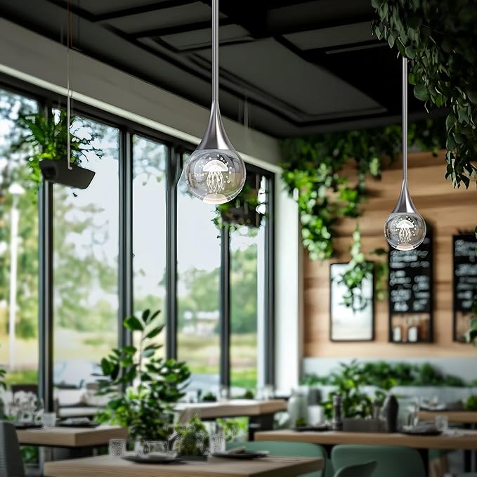 3-Pendant Lights Kitchen Island, Chrome Silver Crystal Globe Ceiling Hanging Light Fxitures, LED Lamp Metal Rod Ceiling Jellyfish Pendant Lighting for Kitchen Dining Room Bar